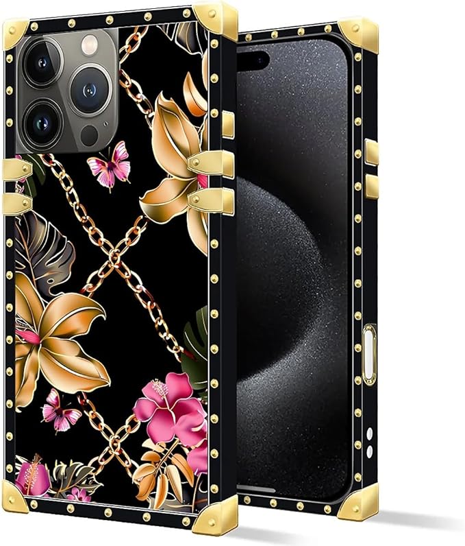 Compatible with iPhone 16 Pro Max Case, Pink Golden Chain Tropical Flower Luxury Golden Decoration for Girl Women Soft TPU Shockproof Protective Hard PC Back