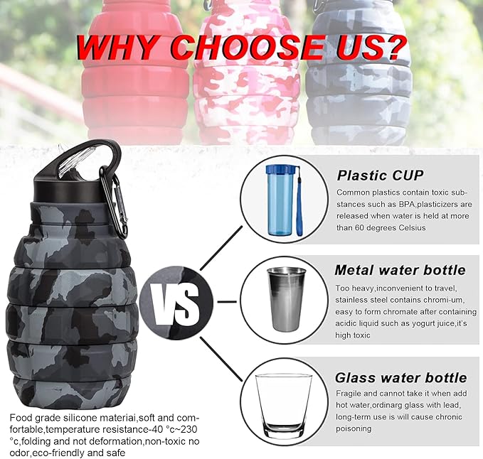 Collapsible Travel Water Bottle19.6 oz, Reuseable Silicone Foldable Water Bottles for School, Office, Gym, Camping,Hiking,Portable Leak Proof Sports Water Bottle with Carabiner (Dark gray camouflage)