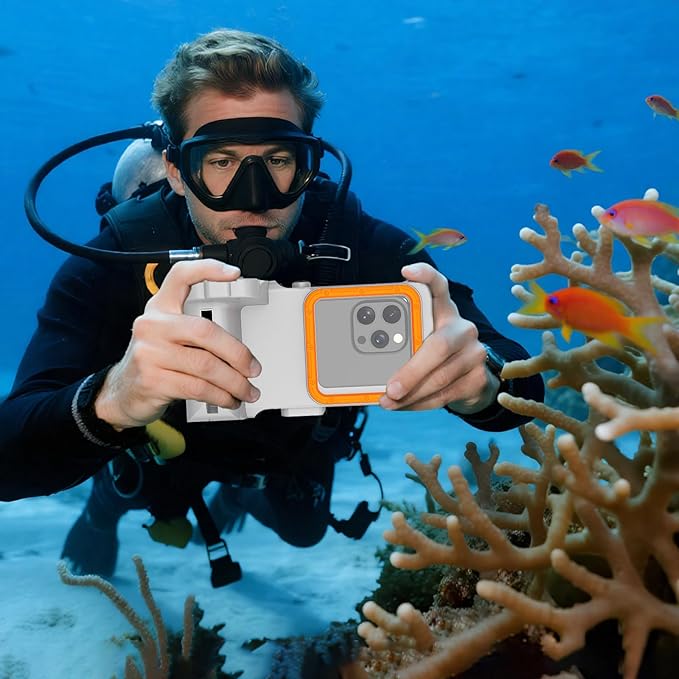 Universal Underwater Phone Diving Case with Bluetooth Controller, IP68 50FT Waterproof for iPhone 17 (Standard Only), iPhone 16/15/14/13/12/11 & Galaxy S24/S23/S22, Grey+Orange