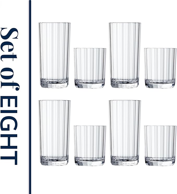 US Acrylic Faceted Clear Plastic Reusable Drinking Glasses (Set of 8) 14oz Rocks & 18oz Water Cups, BPA-Free Tumblers, Made in USA, Top-Rack Dishwasher Safe