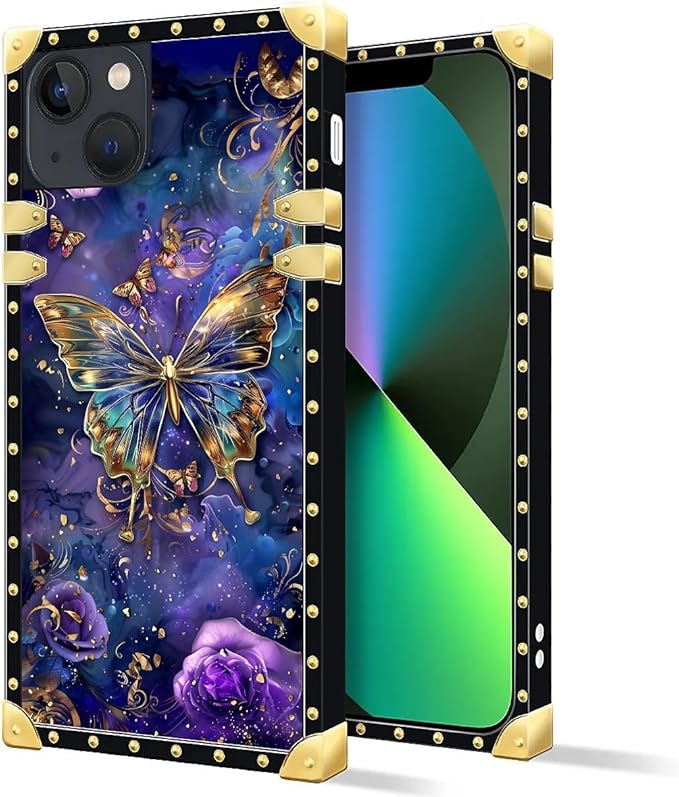 Compatible with iPhone 13 Case, Glistening Golden Butterfly Vibrant Purple Blue Luxury Golden Decoration for Girl Women Soft TPU Shockproof Protective Hard PC Back for iPhone 13