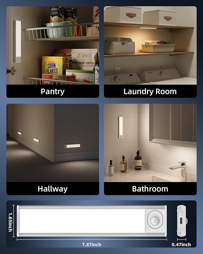 8inch Under Cabinet Lighting Wireless, 3-Pack Rechargeable Battery Motion Sensor Light Indoor, LED Closet Lights USB Charging, 3 Color Dimmable Under Cabinet Lights for Kitchen, Cabinet, Wardrobe.