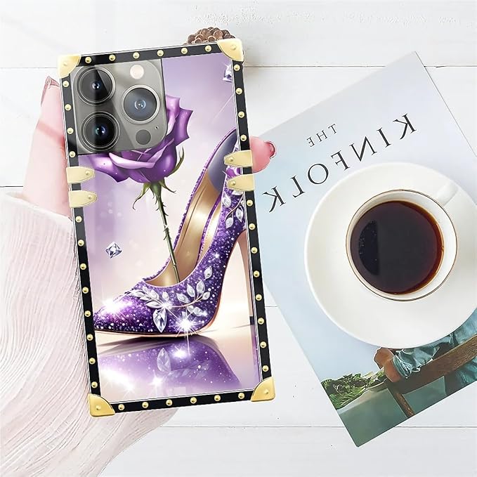 Compatible with iPhone 14 Pro Case, High Heeled Purple Diamond Rose Luxury Golden Decoration for Girl Women Soft TPU Shockproof Protective Hard PC Back for iPhone 14 Pro