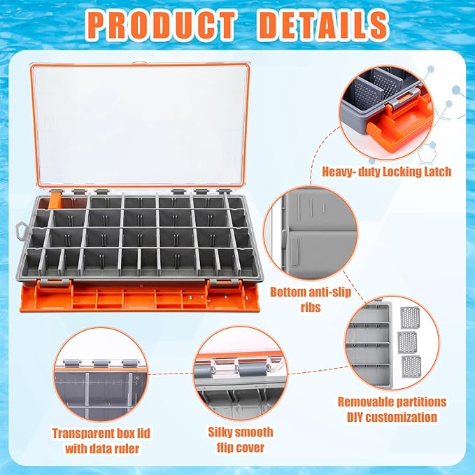 Junkin 6 Pack 3700 Fishing Tackle Boxes Waterproof, Large Orange Lure Organizer Trays with Custom Dividers, Airtight Tackle Storage Case for Saltwater Baits, Swimbaits & Boat Bag Accessories