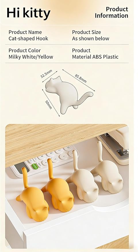 Cat Desk Hook for Kids - Damage-Free No Drill Desk Side Hook, 5KG Load Capacity ABS Backpack Hanger, Adhesive Included Multi-Purpose Organizer for Student School Desk/Home Office