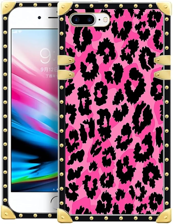 Compatible with iPhone 8 Plus 7 Plus Case, Pink Black Leopard Luxury Golden Decoration for Girl Women Soft TPU Shockproof Protective Hard PC Back for iPhone 8 Plus 7 Plus