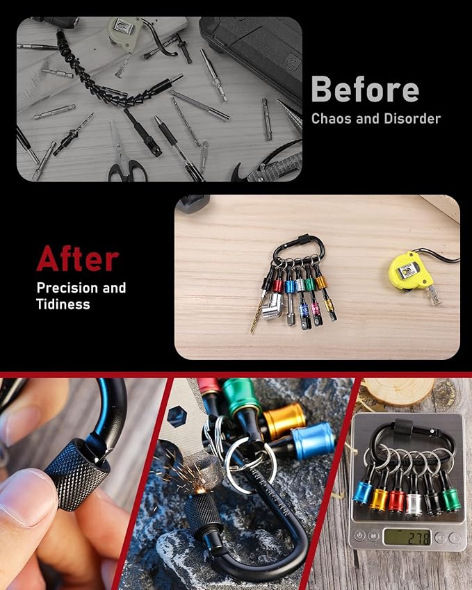 Katerk 10 pcs 1/4 inch Hex Shank Aluminum Alloy Screwdriver Bits Holder, Light-weight Quick-change Extension Bar Keychain Drill Screw Adapter Change Portable (With Black Carabiner)