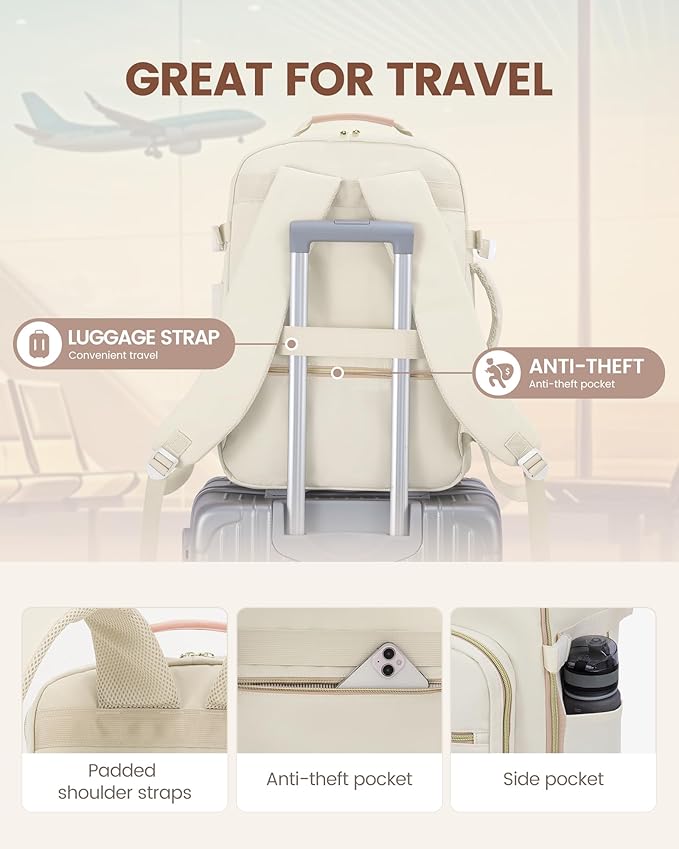LOVEVOOK Travel Backpack for Women & Men 40L,Airline Approved Carry On Backpack Travel Essential,TSA Carry on Luggage,Waterproof Personal Item Travel Bag,Suitcase with 3 Packing Cube,Beige-Flesh beige