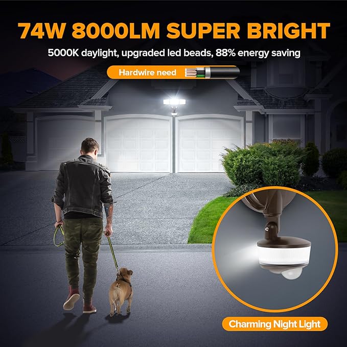 LUTEC 2 Pack 74W 8000 Lumen Motion Sensor Outdoor Lights, 5000K Daylight, IP65 Waterproof Flood Lights Outdoor with Night Light, Dusk to Dawn Motion Detector LED Security Light for Garage, Yard-Brown
