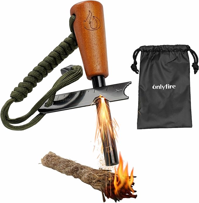 onlyfire Fire Starter Survival Tool, Ferro Rod Kit with Tinder Wick, Pouch, Waterproof Flint and Steel Fire Starter for Camping, Hiking and Backpacking Gear