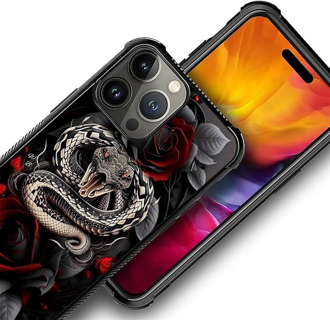 for iPhone 15 Pro Max Case, Entwined Rose Snake Pattern Graphic Design Girl Boy Soft Silicone Hard Acrylic Shock Protection for iPhone 15 Pro Max