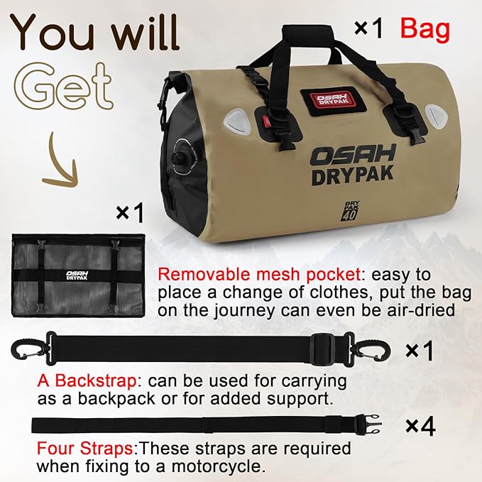 OSAH DRYPAK Waterproof Duffel Bag - Motorcycle Dry Bag Tail Bag with Large Storage Space, Waterproof Luggage Duffle Bags with Outer Mesh Zipper Pocket for Camping, Kayaking, Fishing & Traveling