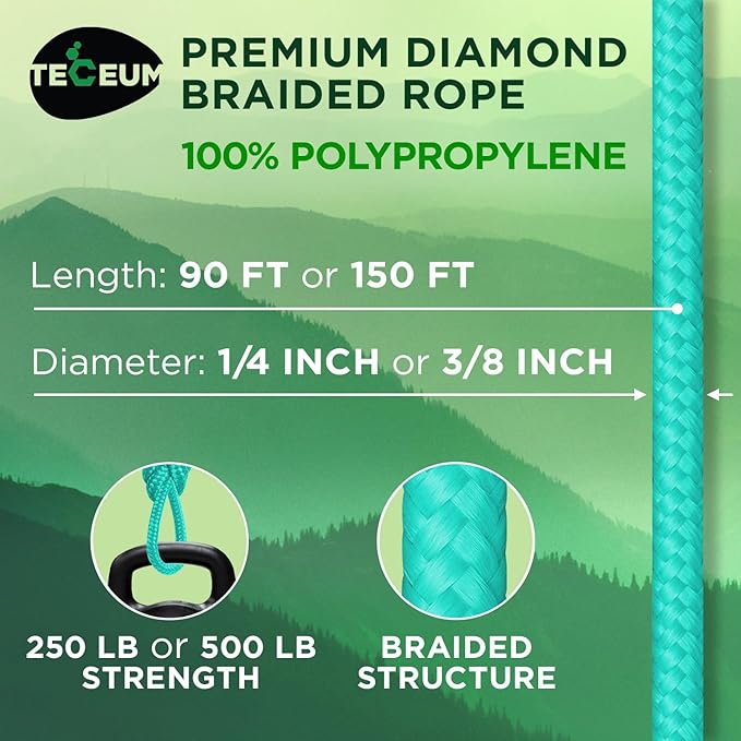 TECEUM Rope – 150 Feet x 1/4 Inch (7mm) – Green Wave – Strong All-Purpose Utility Rope – Camping, Crafting, Flag Pole, Indoor & Outdoor – Polypropylene Nylon Poly Lightweight Diamond Braided Cord