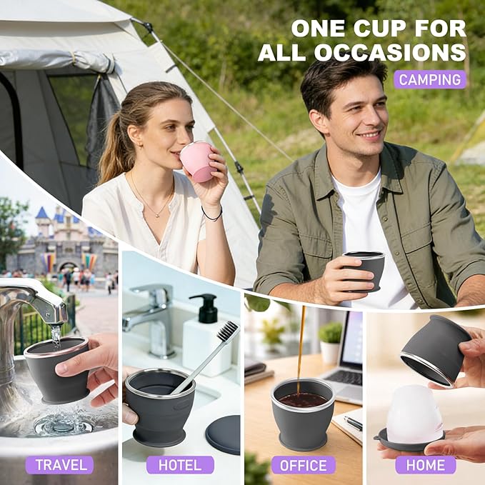 Collapsible Travel Cup, BPA-Free Reusable Water Cup, Lightweight Drinking Cups with Lids and Carrying Strap, Dishwasher Safe Silicone Cups for Camping, Travel, Airports, Hotel (6.7oz, Black)