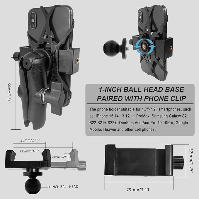 Phone Mount Holder with B Size 1" Ball Diamond Base & Double Socket Arm (Medium) for Car Boat Truck Motorcycle UTV ATV fit 4.7''-7.2'' Phone