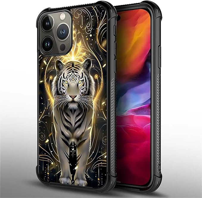 for iPhone 15 Pro Case, White Tiger Golden Mystery Pattern Graphic Design Girl Boy Soft Silicone Hard Acrylic Shock Protection for iPhone 15 Pro