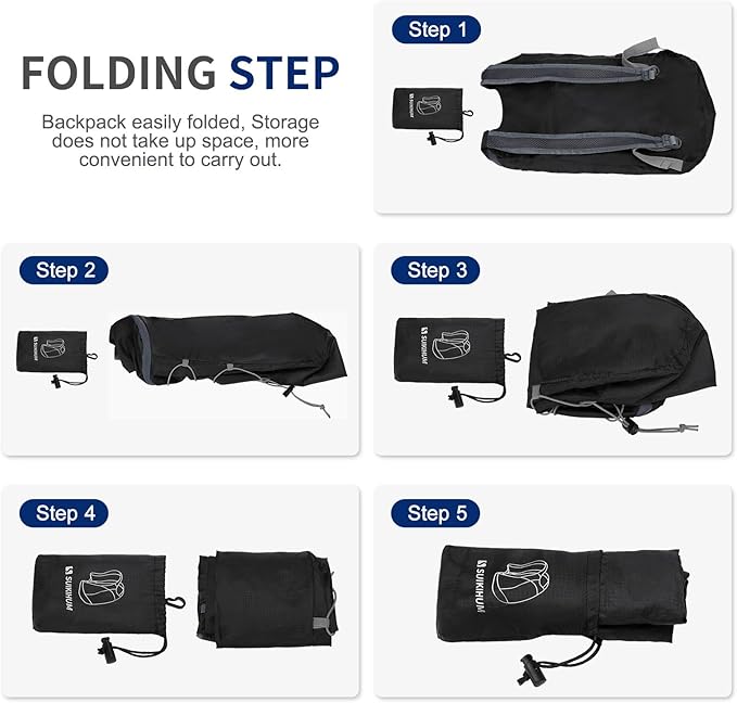 20L Hiking-Daypack Lightweight Foldable Travel Packable Backpack for Camping Cycling Outdoor, Black