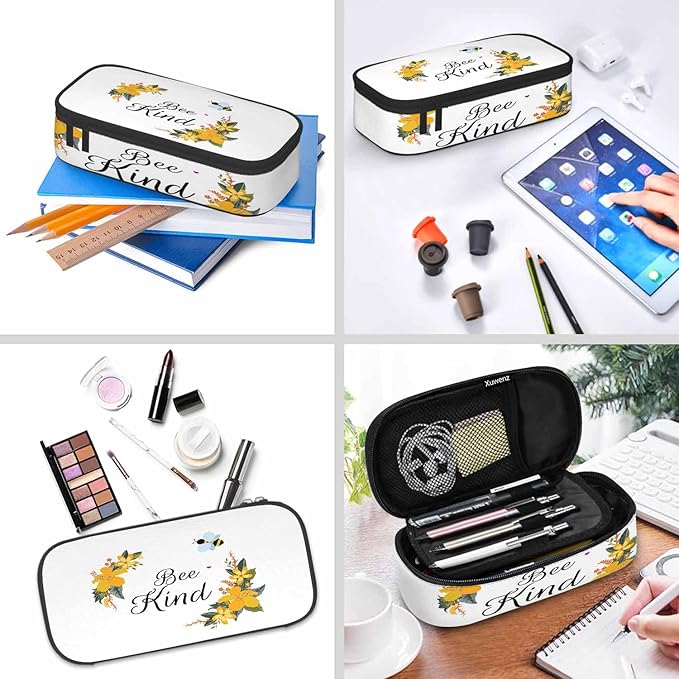 Bee Pencil Case Cute Bee Kind Yellow Flower Bunches Pencil Bag Pen Markers Pouch Holder Organizer for Boy Girl School Students