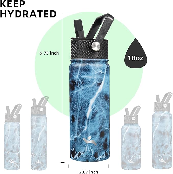 Konokyo 18 oz Insulated Water Bottle Stainless Steel Sport Bottles with 3 Lids,Marble Ocean