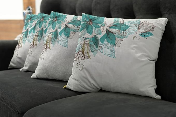 Ambesonne Turquoise Throw Pillow Cushion Case Pack of 4, Flowers Buds Leaf at The top Left Corner Season Celebrating Theme, Modern Accent Double-Sided Digital Printing, 20", Teal Brown