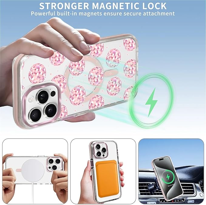 Case for iPhone 13 Pro,[Compatible with MagSafe],Disco Balls Pink Phone Case Design，for Women Girls Magnetic Clear Cover - Slim, Sleek, & Shockproof Protection
