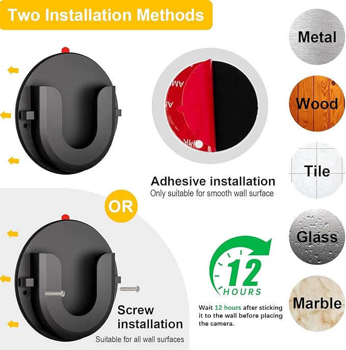 2 Pack Adhesive Wall Mount Bracket for Ring Indoor Cam,Strong VHB Stick On,No Drilling Camera Mount for Ring,Two Ways Installation with Tape and Screws-Black