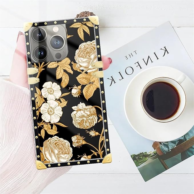 Compatible with iPhone 14 Pro Max Case, Blooming Rose Golden Flower Luxury Golden Decoration for Girl Women Soft TPU Shockproof Protective Hard PC Back for iPhone 14 Pro Max