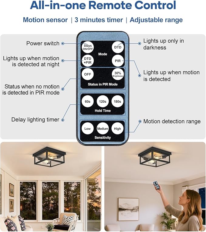 Motion Sensor Outdoor Ceiling Light with Remote, 12.2 Inch Black Flush Mount Porch Light Fixture with United Glass Cover, 5 Modes Outside Flush Mount Light for Porch, Garage, Patio, Entryway