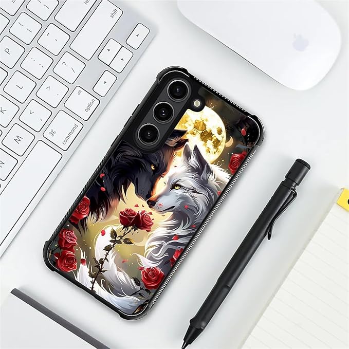 for Samsung Galaxy S23 Case, Black White Wolf Moon Flower Rose Pattern Graphic Design Girl Boy Soft Silicone Hard Acrylic Shock Protection for Samsung Galaxy S23