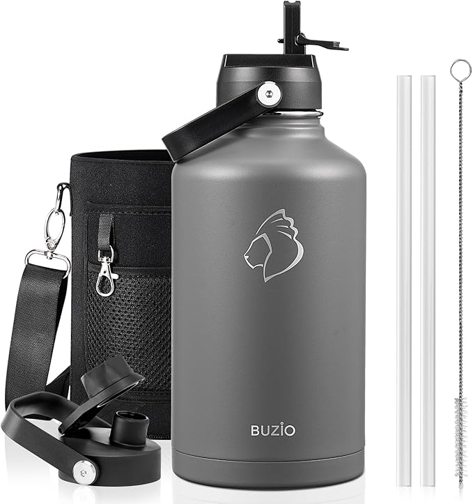 BUZIO 64oz Water Bottle Insulated Stainless Steel (Cold for 48 Hrs/Hot for 24 Hrs) BPA Free Double Wall Travel Mug/Flask for Outdoor Sports Hiking, Cycling, Cam,Camping, Running- Graphite