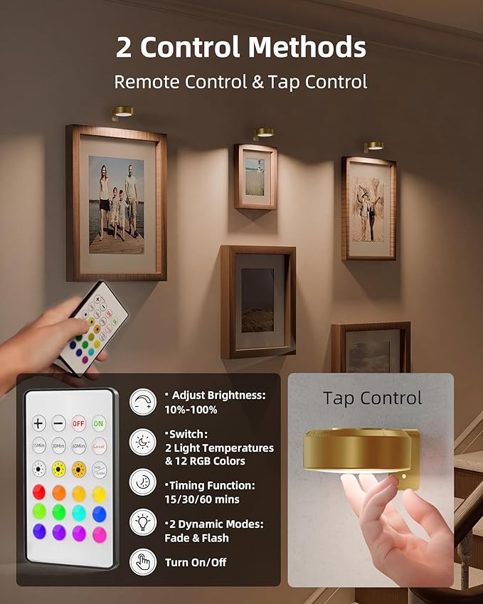 EZVALO Picture Lights for Wall, 2000mAh Rechargeable Battery Magnetic Poster Lights with 3 Color Temps & 12 RGB, Remote Dimmable Timer Painting Light, Wall Decor Light for Art Display, Frame (6 Pack)