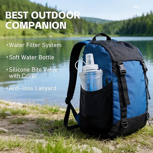 AXEN Collapsible Water Bottle with Filter System, Soft Hydration Flask for Trail Running, Camping, Hiking, Cycling, 1L Clear