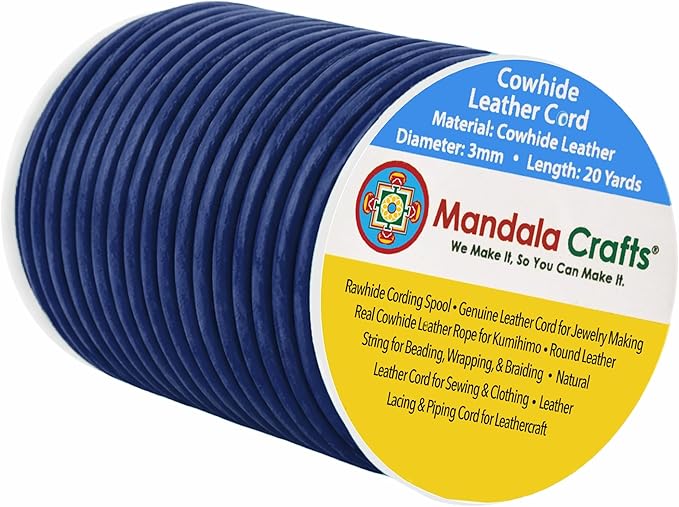 Mandala Crafts Round Genuine Navy Blue Leather Cord for Jewelry Making – 3mm Cowhide Leather Rope String Lace for Kumihimo – 20 Yards Cowhide Craft Cording Spool