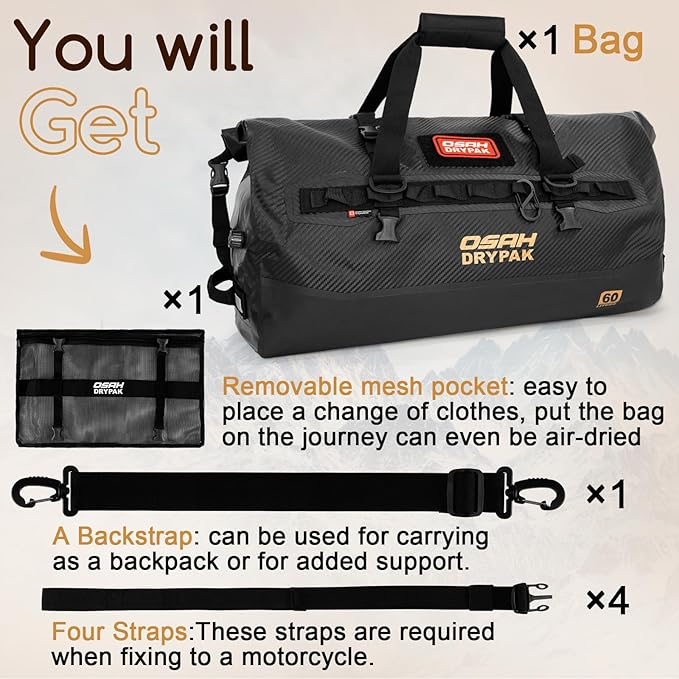 OSAH DRYPAK Waterproof Duffel Bag 25L/40L/60L – Heavy-Duty Motorcycle Tail Bag, Roll-Top Dry Bag for Travel, Camping, Boating, Kayaking, Outdoor Adventure