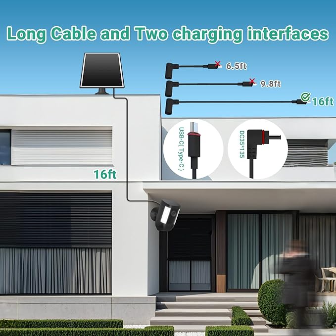 Solar Panel for Ring Camera, 6W Solar Charger with USB-C & Barrel Plug for Ring Stick Up Cam Pro/Plus & Spotlight Cam Battery Series, Waterproof, 16ft Cable (Black)