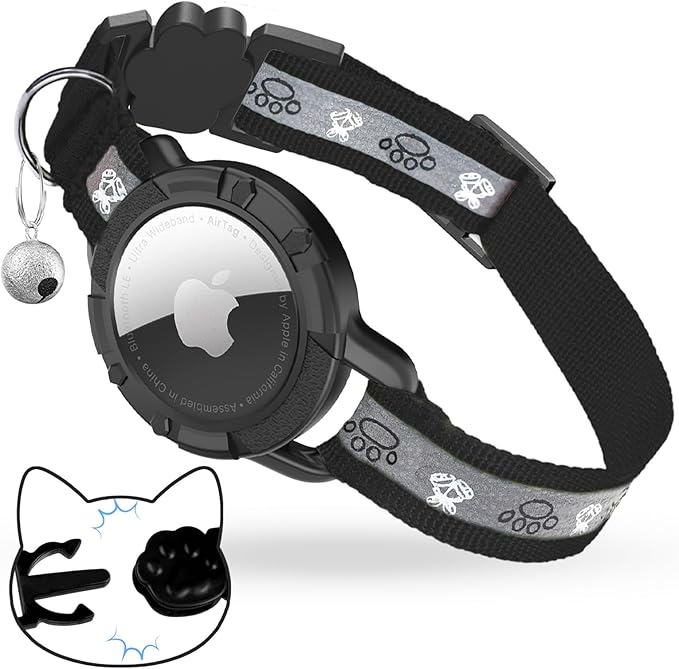 Breakaway AirTag Cat Collar, Reflective Cat Tracker Collar with Air Tag Holder and Bell, Safety Elastic Band Cat GPS Collars for Girl Boy Cats, Kittens and Puppies (Black, 8-13'')