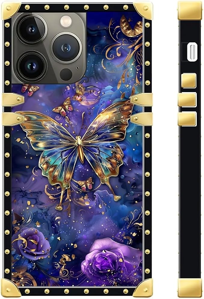 Compatible with iPhone 13 Pro Max Case, Glistening Golden Butterfly Vibrant Purple Blue Luxury Golden Decoration for Girl Women Soft TPU Shockproof Protective Hard PC Back