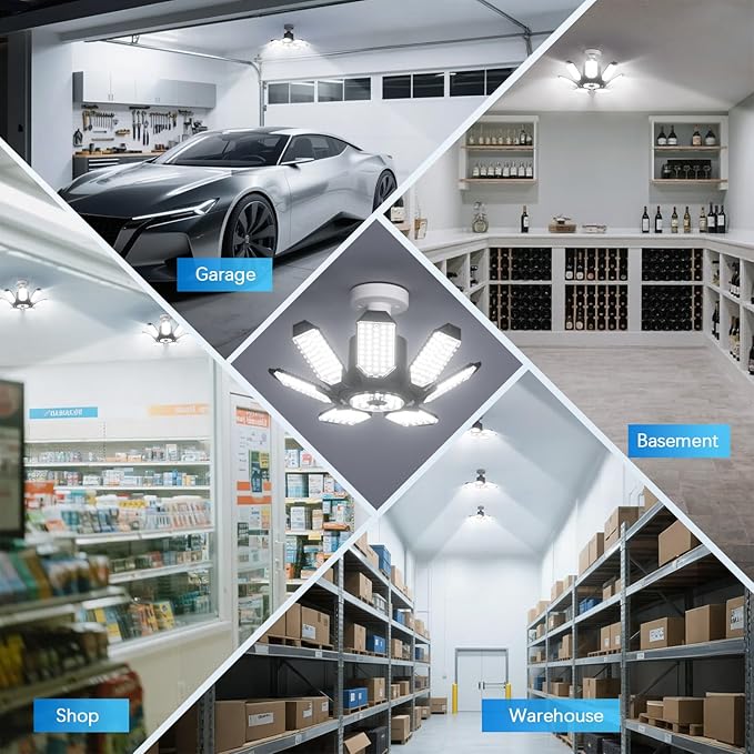 TANBABY 2 Pack LED Garage Lights, 250W Deformable Garage Light Bulb, Total 30000LM 6500K Daylight, 7+1 Adjustable Panels, E26/E27 Screw-in Ceiling Light for Basement