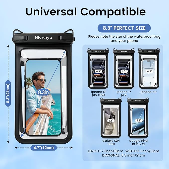 Niveaya Double Space Waterproof Phone Pouch, IPX8 Phone Case with Lanyard for iPhone 17 16 15 Pro Max, Galaxy S25 Ultra, Cellphone Dry Bag for Beach, Cruise Travel Ship Essentials 2 Pack (up to 8.3")