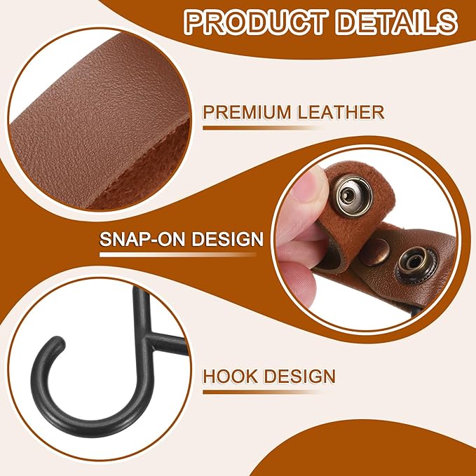 uxcell 5pcs PU Leather Hooks, Leather Straps with Hooks, S-Shape Hooks for Outdoor Camping Hanging Pots Pans Utensils Brown