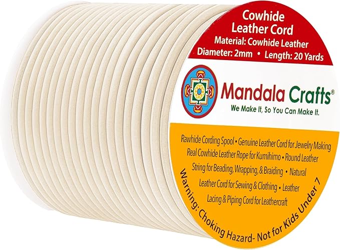 Mandala Crafts Round Genuine Cream Leather Cord for Jewelry Making – 2mm Cowhide Leather Rope String Lace for Kumihimo – 20 Yards Cowhide Craft Cording Spool