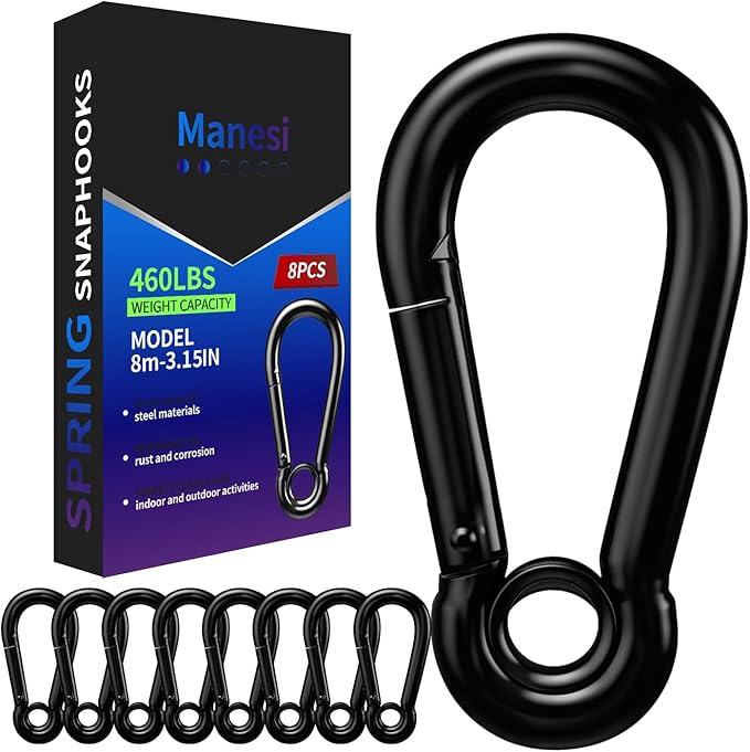 Spring Snap Hooks, Black Carabiner Clip, Heavy Duty Rope Connector, Quick Link Carabiners Spring Snap Hooks for Indoor & Outdoor, Camping, Fishing
