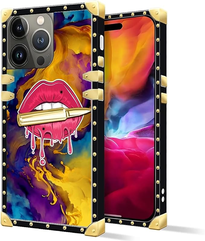 Compatible with iPhone 15 Pro Max Case, Cool Corlorful Lip Marble Luxury Golden Decoration for Girl Women Soft TPU Shockproof Protective Hard PC Back for iPhone 15 Pro Max