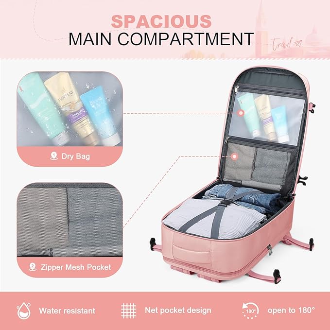Maelstrom Travel Backpack for Women Men,25L Laptop Backpack Fits 15.6-Inch Laptop,Waterproof Carry On Backpack for Airplanes with Detachable Crossbody Bag & Shoe Compartment (Pink, Medium)