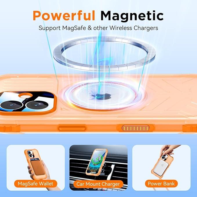WIFORT for iPhone 17 Waterproof Case, [Fit for Magsafe] with Sapphire Lens & Screen Protector, IP68 Full Body 15FT Military Shockproof, Magnetic Frosted Phone Cover with Lanyard, 6.3" Orange