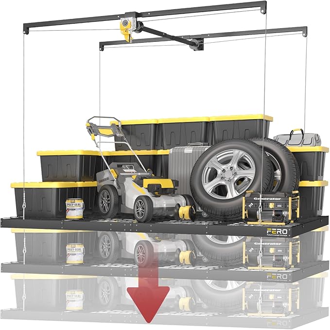 Garage Ceiling Storage Racks – 4x8 FT Overhead Garage Storage Rack with Safety Lock, Heavy-Duty Ceiling Mounted Lift System and Storage Organizer, Ideal for Maximizing Overhead Space, 325 lbs Capacity