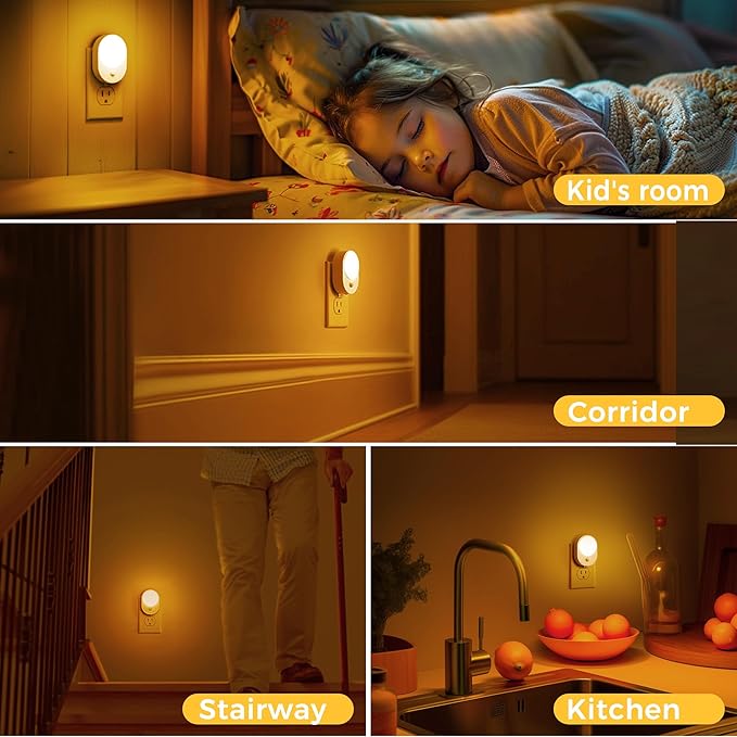 L LOHAS LED Plug in Night Light with Motion Sensor and Dusk to Dawn Sensor,[4-Pack] Night Lights Plug into Wall,2000K Amber Light,30/60/100LM Dimmable Nightlight for Bathroom Hallway