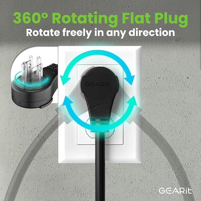 GEARit 100 Ft Extension Cords 16/3 Gauge 360° Rotating Plug Outdoor/Indoor SJTW 16 AWG 3 Prong Heavy Duty Power Cable 13A 125V 1625W for Lawn, Garden, Appliances Black