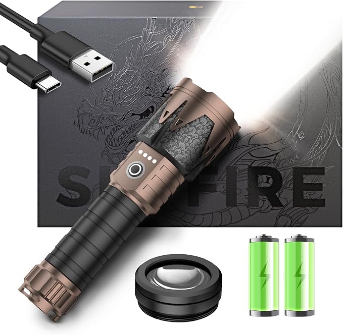 SKYFIRE Rechargeable Tactical Flashlight with Ignition Lens,10000 Super Bright LED Flashlights High Lumens,Zoomable 6Modes Waterproof Camping Survival Gear for Outdoor Emergency,Fire Starter-Gift Box