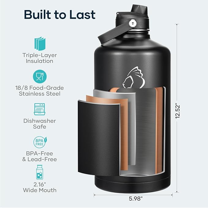 BUZIO 1 Gallon Water Jug with Straw Handle Lid, 128oz Water Bottle Stainless Steel Double Wall Hydro Jug 18/8 Food Grade Thermo Mug Keep Cold 48H & Hot 24H, Black